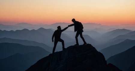 Silhouette of two climbers on top of a mountain at sunsetの素材