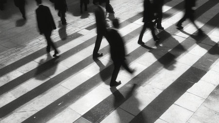 People walking in the city at night, motion blur, monochromeの素材
