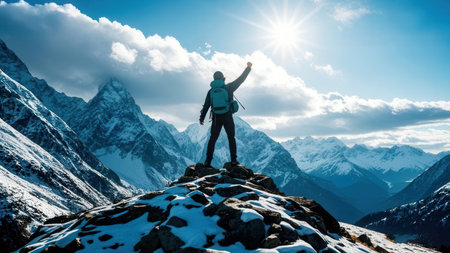 Hiker with backpack standing on top of a mountain and raising his hand to the skyの素材