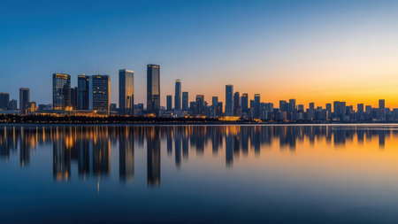 Panoramic view of modern city skyline at sunset, China.の素材