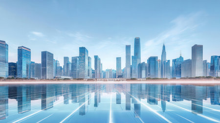 panoramic view of modern skyscrapers with reflection in waterの素材