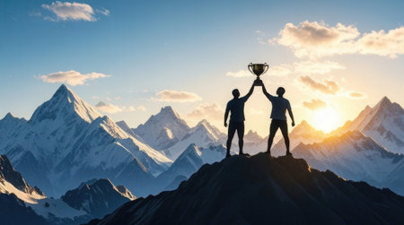 Business competition and leadership concept as a team of business people standing on top of a mountain holding a trophy cup as a symbol of success and teamwork.の素材