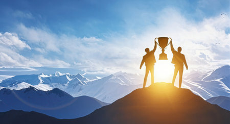 Business people holding trophy against snowy mountain range under blue sky with cloudsの素材