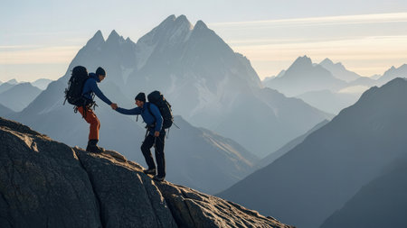 Climbers reaching the top of the mountain with their hands togetherの素材