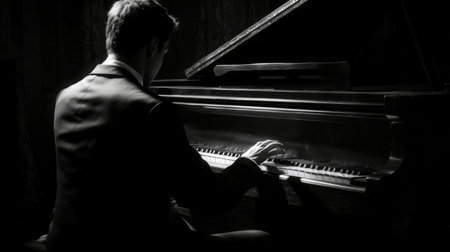 Man playing the piano in a dark room. Black and white photo.の素材