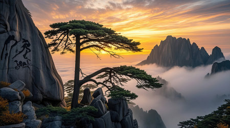Pine tree on top of the mountain at sunrise, Huangshan, Chinaの素材