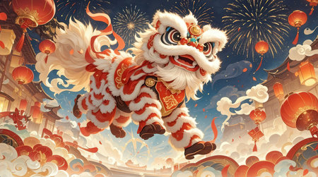 Chinese New Year Lion Dance in Traditional Chinese House with Firecrackersの素材