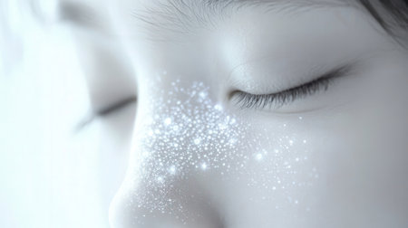 Beautiful woman face with closed eyes and glowing stars. 3d renderingの素材