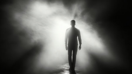 Silhouette of a man standing in a dark room with fog.の素材