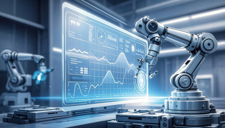 Mechanized industry robot and robotic arms for assembly in factory. 3D renderingの素材