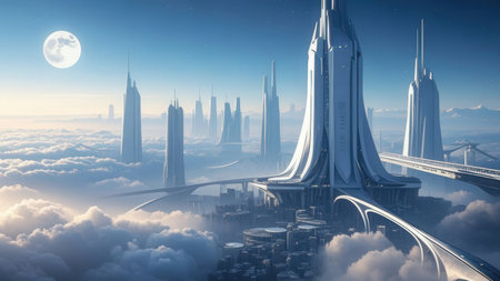 Futuristic city in the clouds. 3d render illustration.の素材