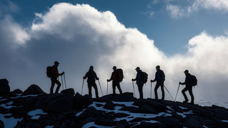 Group of hikers with trekking poles standing on top of a mountainの素材