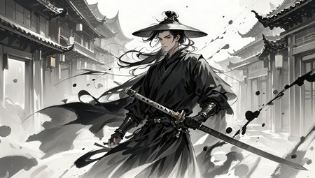 Illustration of a Japanese samurai with katana sword in front of a traditional buildingの素材