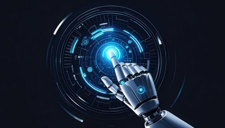 Robot hand touching virtual button on dark background. Artificial intelligence and machine learning concept. 3D renderingの素材