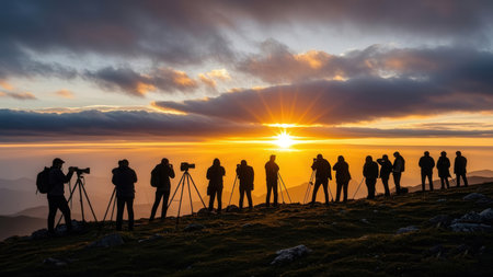 Silhouette of photographers at the top of a mountain at sunsetの素材