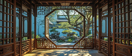 3D CG rendering of Chinese garden and wooden gate. 3D CG rendering.の素材