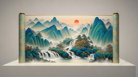 Landscape of mountains and river in a frame on a white backgroundの素材