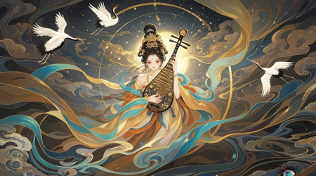Beautiful girl with a harp in the wind. Vector illustration.の素材