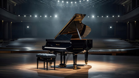 Grand piano in the interior of the theater. 3D rendering.の素材