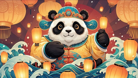 Cute panda bear in chinese costume with lanterns illustrationの素材