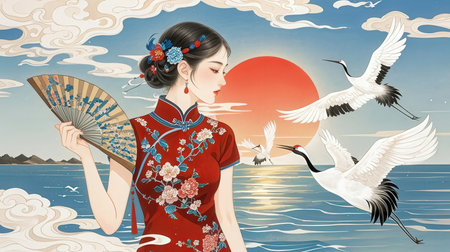 Chinese woman in traditional dress with japanese crane, vector illustrationの素材