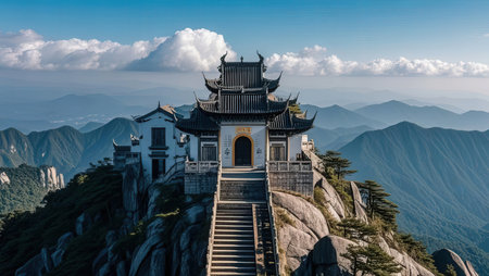 Beautiful panorama of Chinese ancient architecture on the top of mountainの素材