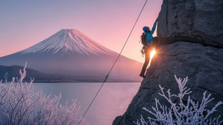 Climber on the background of Mount Fuji at sunset, Japanの素材