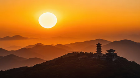 Sunrise at the pagoda on the mountain in china.の素材