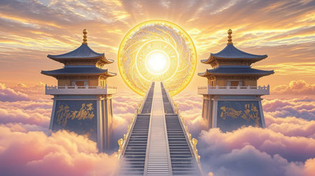 3D illustration of a stairway leading to the temple in the cloudsの素材