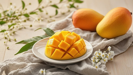 Plate with tasty mango cubes and flowers on wooden table, closeupの素材