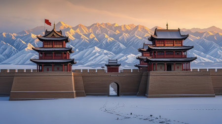 The ancient city wall and snow-covered mountains at sunset in winterの素材