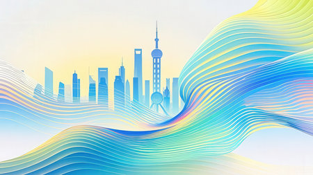 abstract background with blue and yellow waves and city skyscrapersの素材