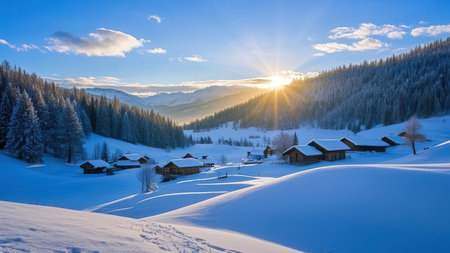 Winter alpine landscape with small wooden houses in the mountains at sunsetの素材