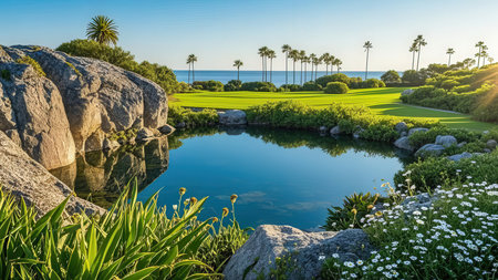 Garden with palm trees and lake in Los Angeles, California.の素材