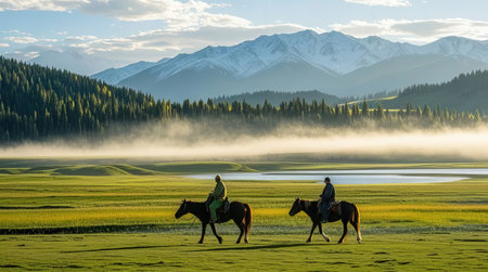 Horse riding on the grassland in the Altai Mountains.の素材
