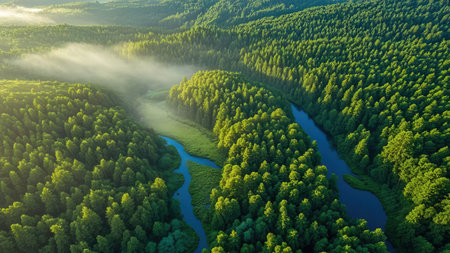 Aerial view of the river flowing through the forest in the morningの素材