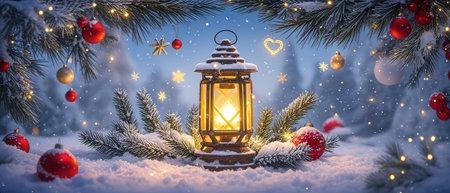 Christmas greeting card. Festive decoration on the background of the winter forest.の素材