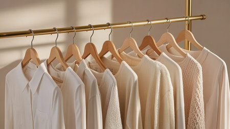 Women's clothing on a hanger in a wardrobe. Women's clothingの素材