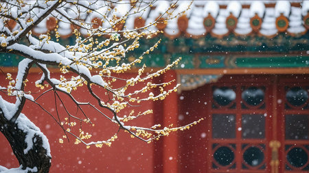 Buddhist temple in winter with snow in Beijing, China.の素材