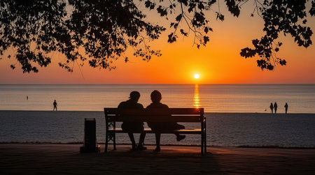 Silhouette of a couple sitting on a bench at sunset.の素材