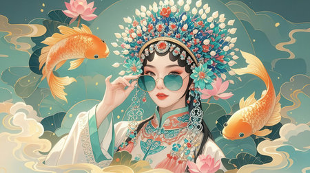 Beautiful asian girl in a wreath of flowers and goldfishの素材