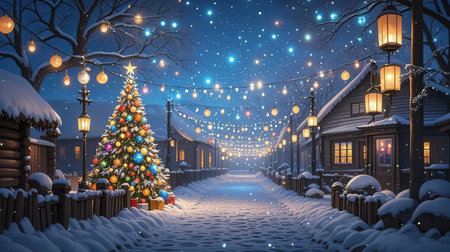 Winter night in the village. Christmas and New Year holidays concept.の素材