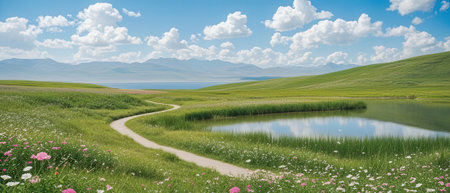 Panoramic view of grassland and lake in Xinjiang Chinaの素材