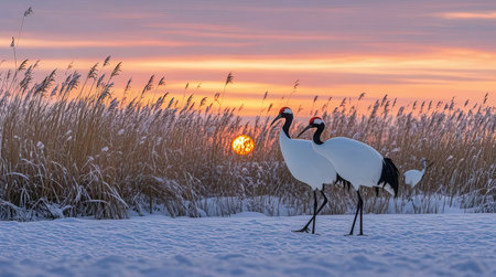 Two cranes in the snowy field at sunset. Colorful winter landscape.の素材