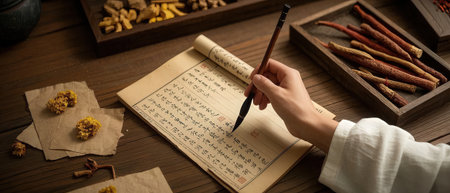 Chinese calligraphy, close-up of a woman writing a letterの素材