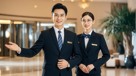 Portrait of asian young business people standing in office and smilingの素材