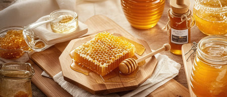 Honeycombs with honey and honey dipper on wooden boardの素材