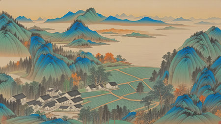 Illustration of a mountain landscape in the style of Chinese painting.の素材