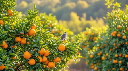 Orange grove with tangerines and bird in Sicily, Italyの素材
