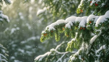 Fir branches covered with snow in the winter forest. Christmas backgroundの素材